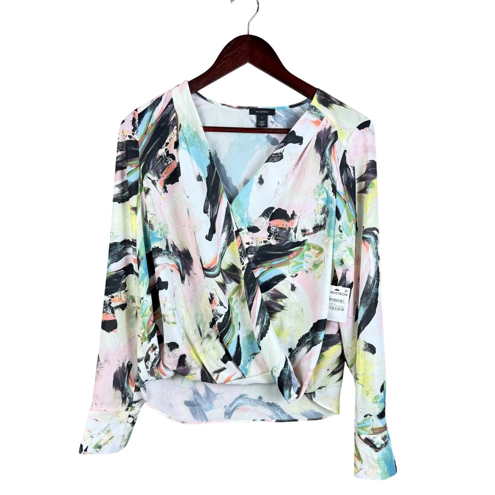 Halogen Wrap‎ Blouse Women's S Ivory Multi V-Neck Long Sleeve Vivid Strokes